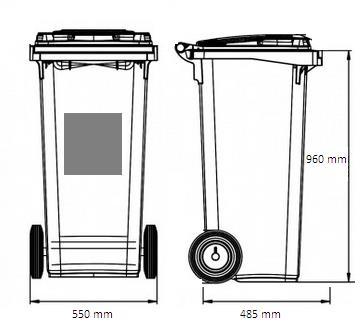 Przykład 2: pojemnik 120 l i 240 l Pojemnik 120 l: dane techniczne*: długość: +/- 550 mm szerokość: +/- 485 mm wysokość: +/- 960 mm waga: +/- 9,6 kg Pojemnik 240 l: dane techniczne*: długość: +/- 730