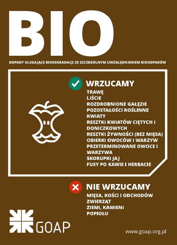 Wzór stosowanej naklejki informacyjnej na pojemniki BIO na terenie nieruchomości jednorodzinnych: Naklejki informacyjne do oznakowania pojemników przeznaczonych do gromadzenia Odpadów BIO, w tym