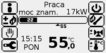 Wartość ustawionej przez użytkownika temperatury zadanej dla kotła wyświetlana jest w dolnej części ekranu głównego [rys. a)].