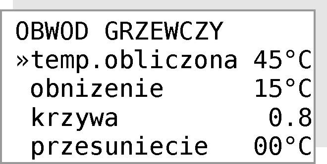 przejmuje człon mający za zadnie utrzymanie właściwej temperatury mieszaczem. Nastaw dokonuje się w menu OBWÓD GRZEWCZY. za Rysunek 7: Menu OBWÓD GRZEWCZY. Temperatura zadana c.o. obliczana jest przez regulator przy pracy kotła w trybie pogodowym lub ręcznym.