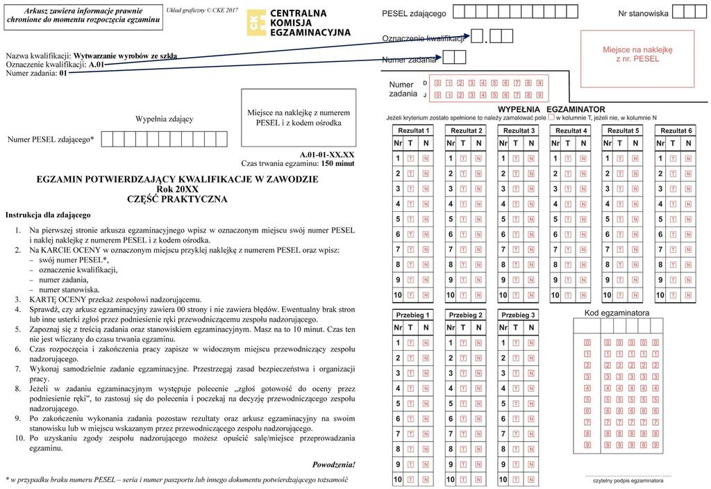 5. Pierwsza strona arkusza do części praktycznej egzaminu i karta oceny z