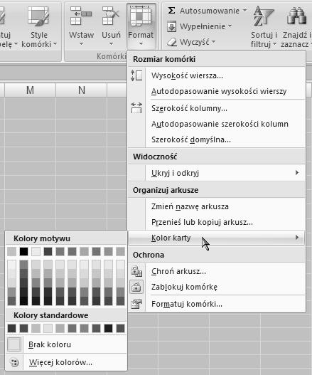 Pracujemy z plikami Rysunek 4.19. Za pomocą palety Kolor karty można wybrać dowolny kolor karty arkusza Rysunek 4.20.