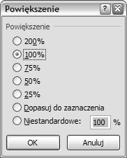 Rozdział 4. Okna skoroszytów Aby zmienić współczynnik powiększenia widoku okna: 1. Ze wstążki wybierz polecenie Widok/ Powiększenie/Powiększenie (rysunek 4.40). 2.