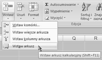 Pracujemy z plikami Rysunek 4.7. Kliknij kartę arkusza, przed którym chcesz wstawić kolejny Rysunek 4.8. Z menu Wstaw wybierz opcję Wstaw opcję Rysunek 4.9. Karta nowego arkusza Rysunek 4.10.