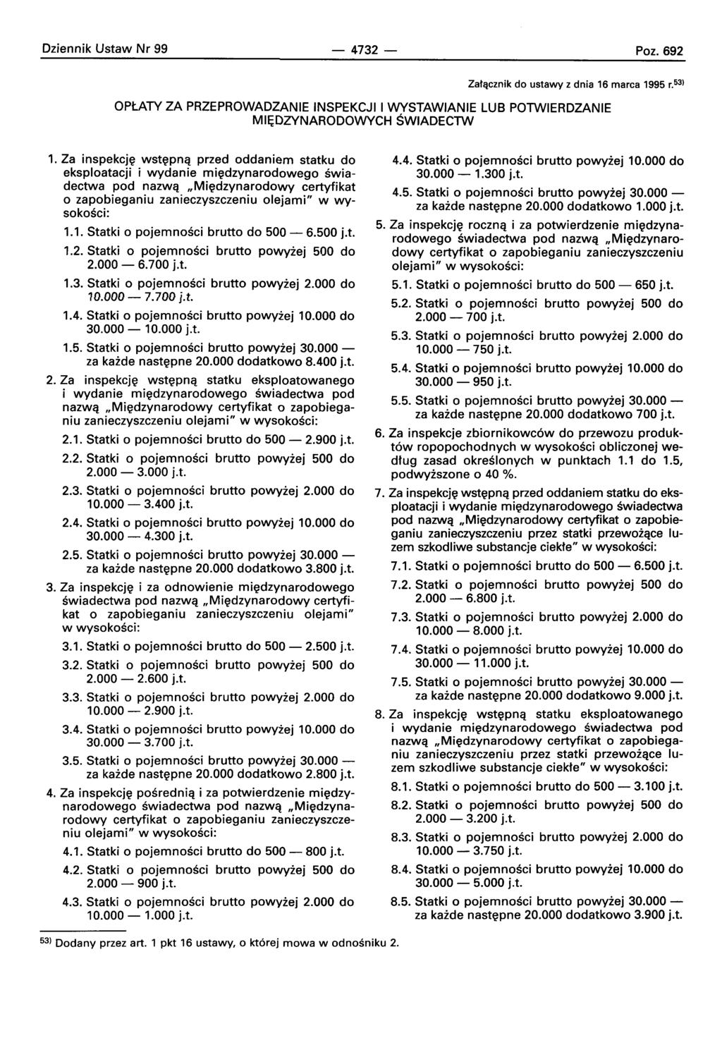 Dziennik Ustaw Nr 99-4732- Poz.692 Zataeznik do ustawy z dnia 16 marca 1995 r. 53l OPlATY ZA PRZEPROWADZANIE INSPEKCJI I WYSTAWIANIE LUB POTWIERDZANIE MI~DZYNARODOWYCH SWIADECTW 1.1. Statki 0 pojernnosci brutto do 500-6.