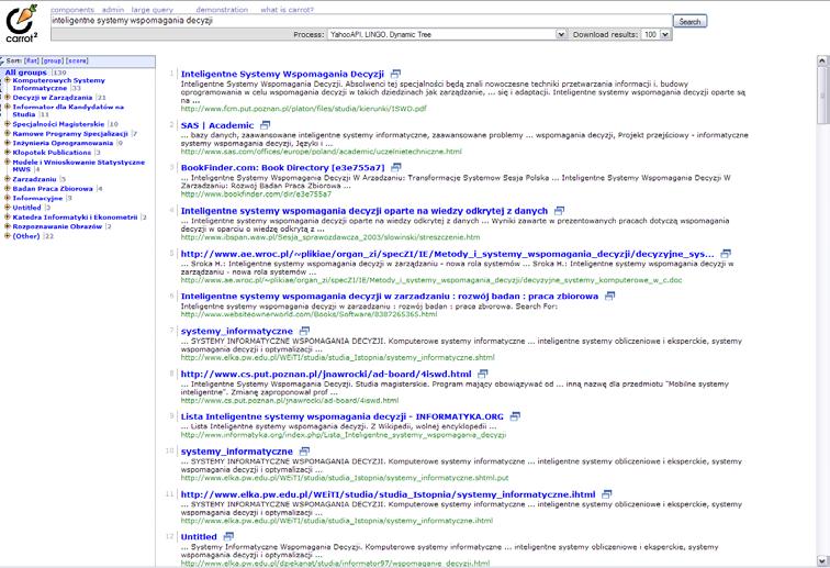 Przykłady obszarów zastosowań ISWD Eksploracja tekstu i zasobów Internetu System Carrot 2 pozwalający na
