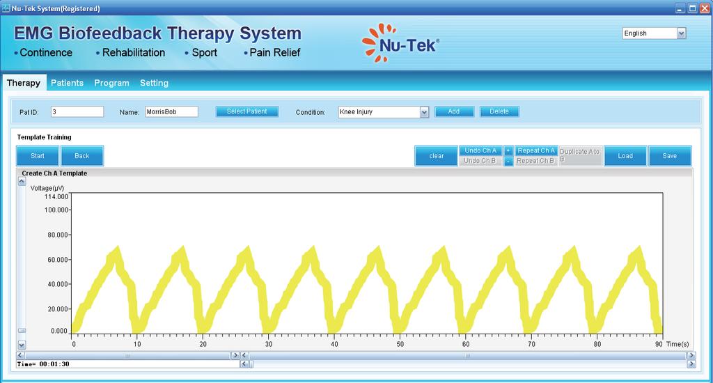 6.4. Protokół Template Training 17 Stosowanie: Sesja Template Training jest polecana do stosowania w szerokim zakresie treningu EMG Biofeedback, włączając w to terapię nietrzymania moczu i inne