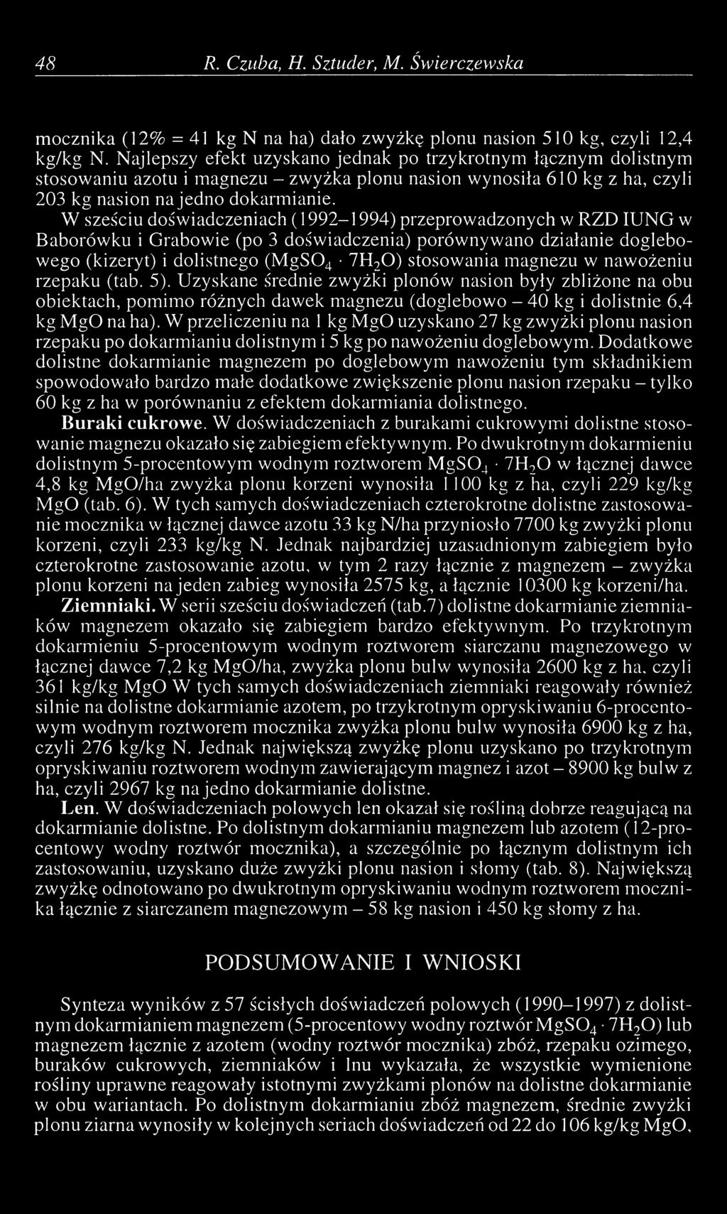 W sześciu doświadczeniach ( 1992-1994) przeprowadzonych w RZD IUNG w Baborówku i Grabowie (po 3 doświadczenia) porównywano działanie doglebowego (kizeryt) i dolistnego (M gs04 7H20 ) stosowania