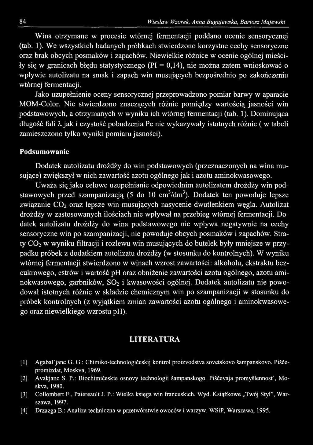 84 Wiesław Wzorek, Anna Bugajewska, Bartosz Majewski Wina otrzymane w procesie wtórnej fermentacji poddano ocenie sensorycznej (tab. 1).