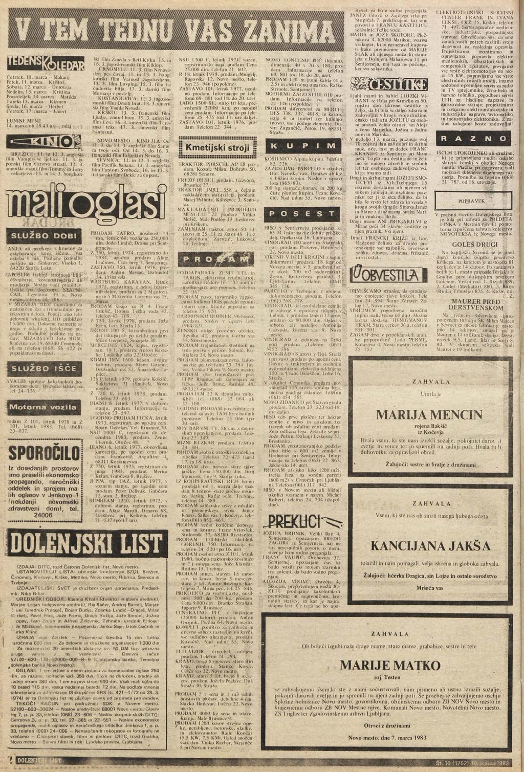 m rf U Č etrtek, 1. marca Makarij IVtek, 1 1. marca K rištof Sobota. 12. marca Doroteja Nedelja, 13. marca Kristina Ponedeljek, 14. marca Matilda Torek? 15. marca Klemen Sreda, 16.
