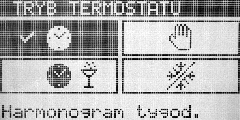 Tryb termostatu MENU Zima/lato/chłodzenie Urlop Wymuszenie CWU Temperatury zadane Wydajność wentylacji Harmonogram Tygodniowy Zegar i data Świąteczny Wyświetlacz i dźwięk Sygnał awarii Serwis Sygnał