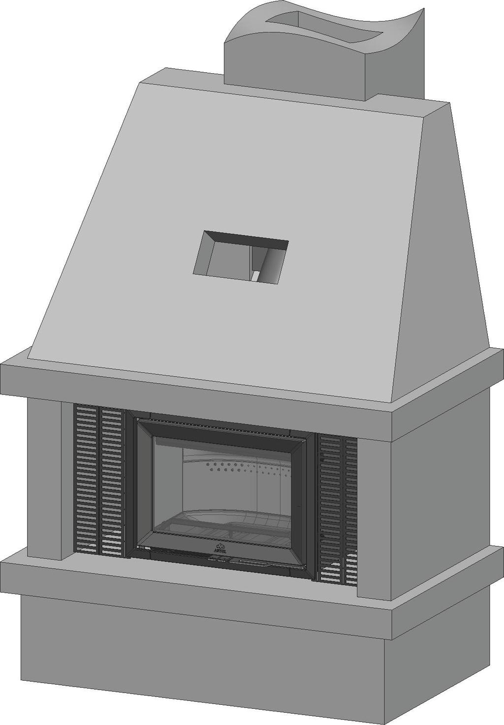 POLSKI 2) Montaż w kominku otwartym Instalacja przy prostej ścianie przy dużej ilości miejsca po bokach, mała wysokość. Ilustracja przedstawia model Jøtul I 520 F.