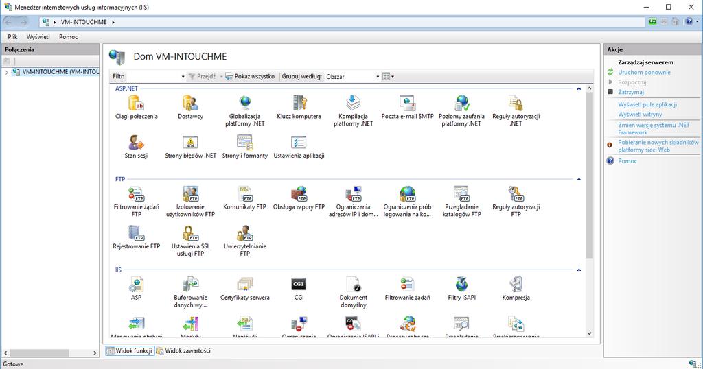 KONFIGURACJA IIS-A ORAZ UPRAWNIEŃ DO FOLDERU PROJEKTU Z narzędzi administracyjnych systemu Windows, otwórz Menadżera internetowych usług informacyjnych (IIS) W drzewku,