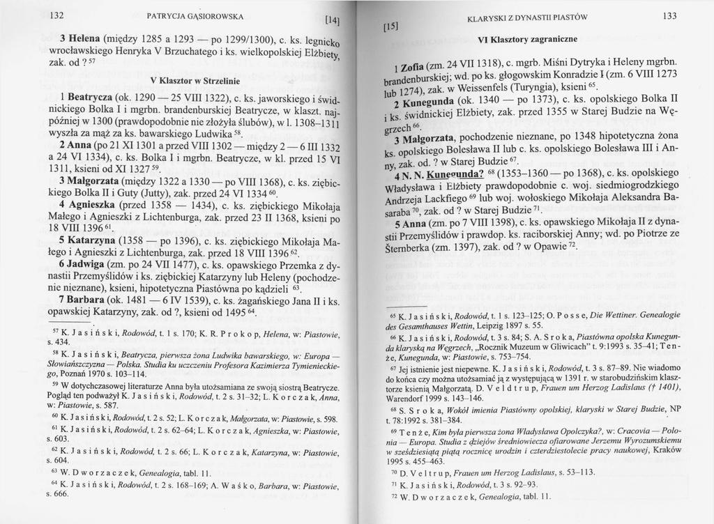 132 [14] 3 Helena (między 1285 a 1293 po 1299/1300), c. ks. legnicko wrocławskiego Henryka V Brzuchatego i ks. wielkopolskiej Elżbietv zak. od? 57 V Klasztor w Strzelinie 1 Beatrycza (ok.
