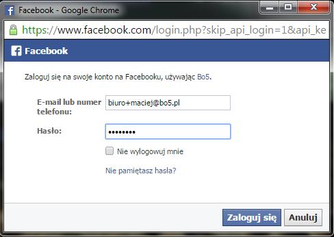1.1 Rejestracje poprzez konto Facebook Po kliknięciu przycisku Facebook otworzy się okienko logowania FB; po zalogowaniu się system pobierze dane z Twojego konta FB i spróbuje