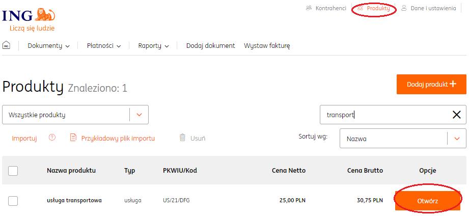 3. Na koniec zapisać dane klikając Zapisz. Zapisany produkt jest dodany do listy produktów w systemie. Edycja produktu.