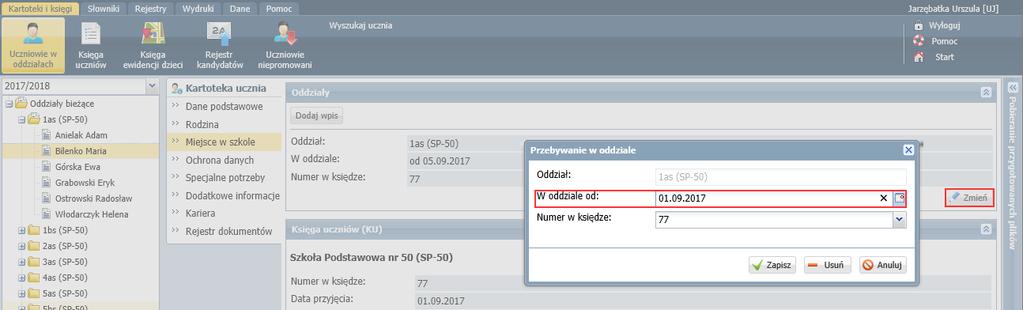 Przywołaj ponownie kartotekę ucznia i przejdź na kartę Miejsce w szkole. 8.