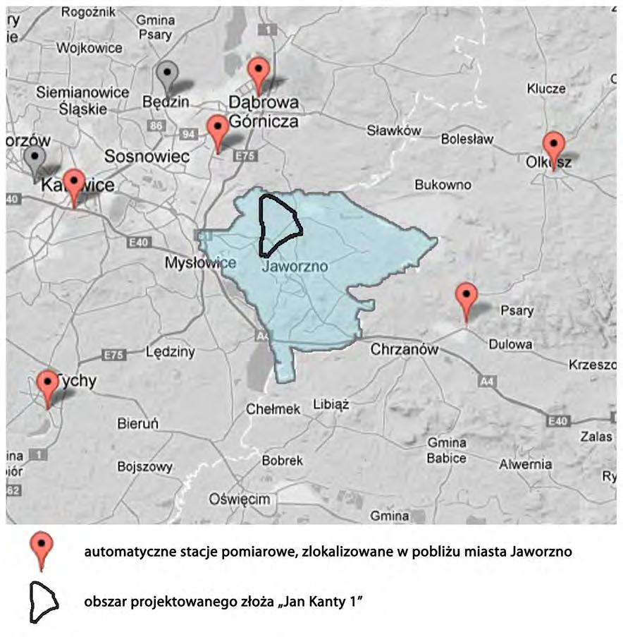 Rysunek 19. Lkalizacja stacji monitoringu powietrza w najbliższym sąsiedztwie złoża Jan Kanty 1 (www.katowice.pios.gov.