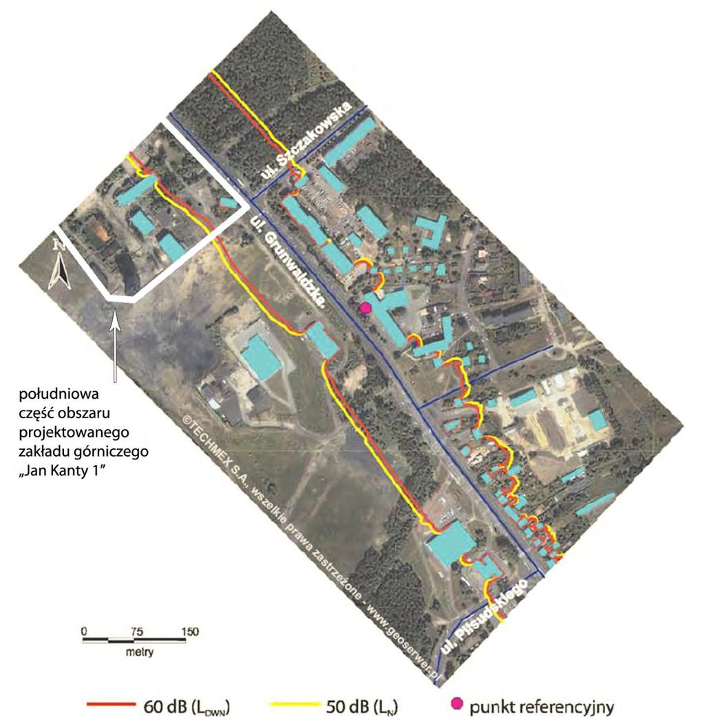 Rysunek 22. Fragment mapy akustycznej dla wskaźników oceny hałasu L DWN i L N przy ul. Grunwaldzkiej (Wrześniak A., 2010) 3.2. Obiekty o szczególnych wartościach przyrodniczych (objęte ochroną na podstawie ustawy z dnia 16 kwietnia 2004 r.