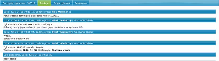 Pojawia główne okienko zgłoszenia gdzie w polu status