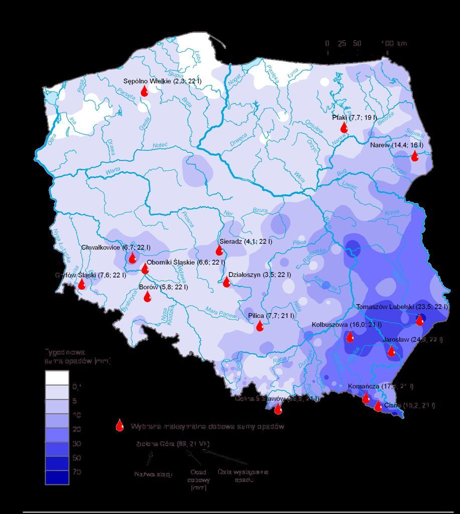 3. Rozkład tygodniowej sumy opadów oraz wybrane