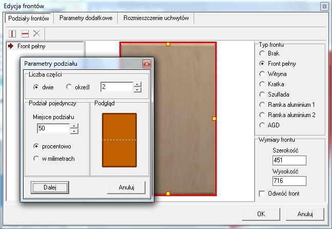 dla większej ilości podziałów wskazanie miejsca podziału jest niemożliwe zostaje ono ustalone przez program automatycznie; dlatego jeśli użytkownik chce podzielid front na