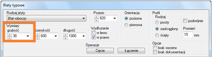 rozpozna jako przystosowane do tego, należy: po wstawieniu szafek do projektu kliknąd ikonę Blaty ; w nowo otwartym oknie Blaty typowe w razie potrzeby ustawid grubośd blatu, który ma zostad