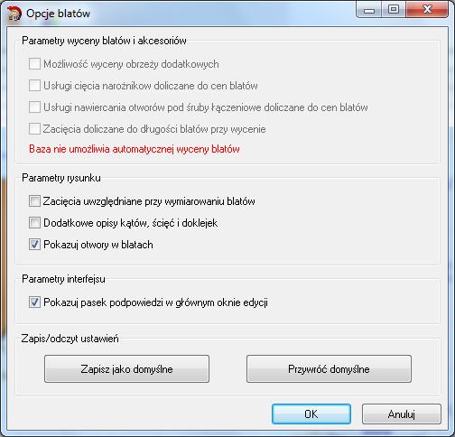 6. Opcje dodatkowe Edytora blatów. CAD Kuchnie v. 6.0 Instrukcja obsługi Po kliknięciu na ikonę wyświetli się okno Opcje blatów (rys.