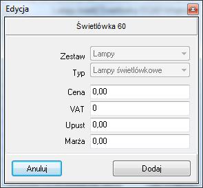Zmiana danych dla pojedynczego elementu cennika (edycja indywidualna) polega na zaznaczeniu go, kliknięciu na przycisk Edycja, uzupełnianiu lub zaktualizowaniu danych (ceny, VAT-u, upustu lub marży)