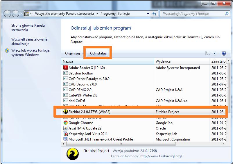 rys. 9 okno Odinstaluj lub zmieo program rys. 10 prośba o potwierdzenie odinstalowania programu Firebird 2.3.