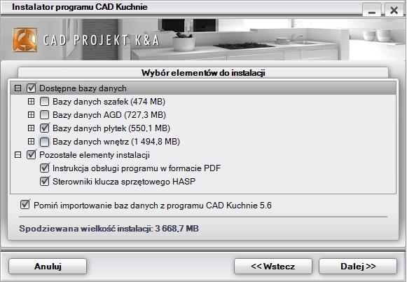 Pierwszym krokiem do zainstalowania programu jest wybór baz danych, z wykorzystaniem których powstawad będą projekty.