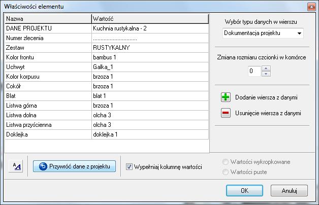 rys. 329 - edycja tabeli danych projektu ze strony tytułowej. 3. Panel Właściwości elementów Okno podglądu dokumentacji technicznej zaopatrzone zostało w panel Właściwości elementów.