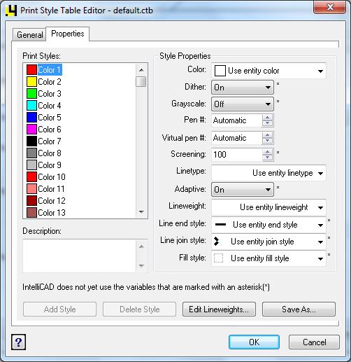 w nowo otwartym oknie dialogowym o nazwie Print Style Table Editor default.ctb (pl.: tabela edytora stylu wydruku) (rys.