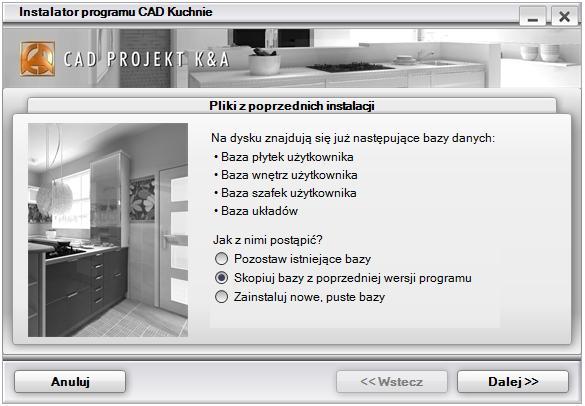rys. 20 rezygnacja z instalacji nowych, pustych baz użytkownika Pozostaw istniejące bazy pozostawienie baz użytkownika w docelowych lokalizacjach, co uchroni je przed utratą zawartości, która została