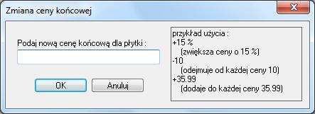 - Zmieo cenę pozwala zmienid cenę dla dowolnej płytki w bazie użytkownika lub producenta (także pod klawiszem <F3>); jeśli użytkownik nie zaznaczy konkretnej płytki, ceny zostaną zmienione dla