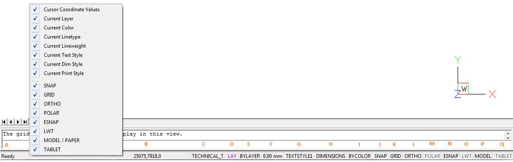 rys. 58 pasek Status bar i menu kontekstowe Opis poszczególnych pozycji paska Status Bar: A informacje o aktualnie wykonywanym poleceniu; B koordynaty kursora (w osiach x, y, z); C nazwa warstwy