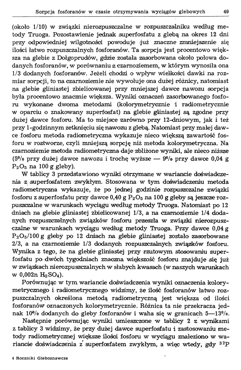 Sorpcja fosforanów w czasie otrzymywania wyciągów glebowych 49 (około 1/10) w związki nierozpuszczalne w rozpuszczalniku według metody Truoga.
