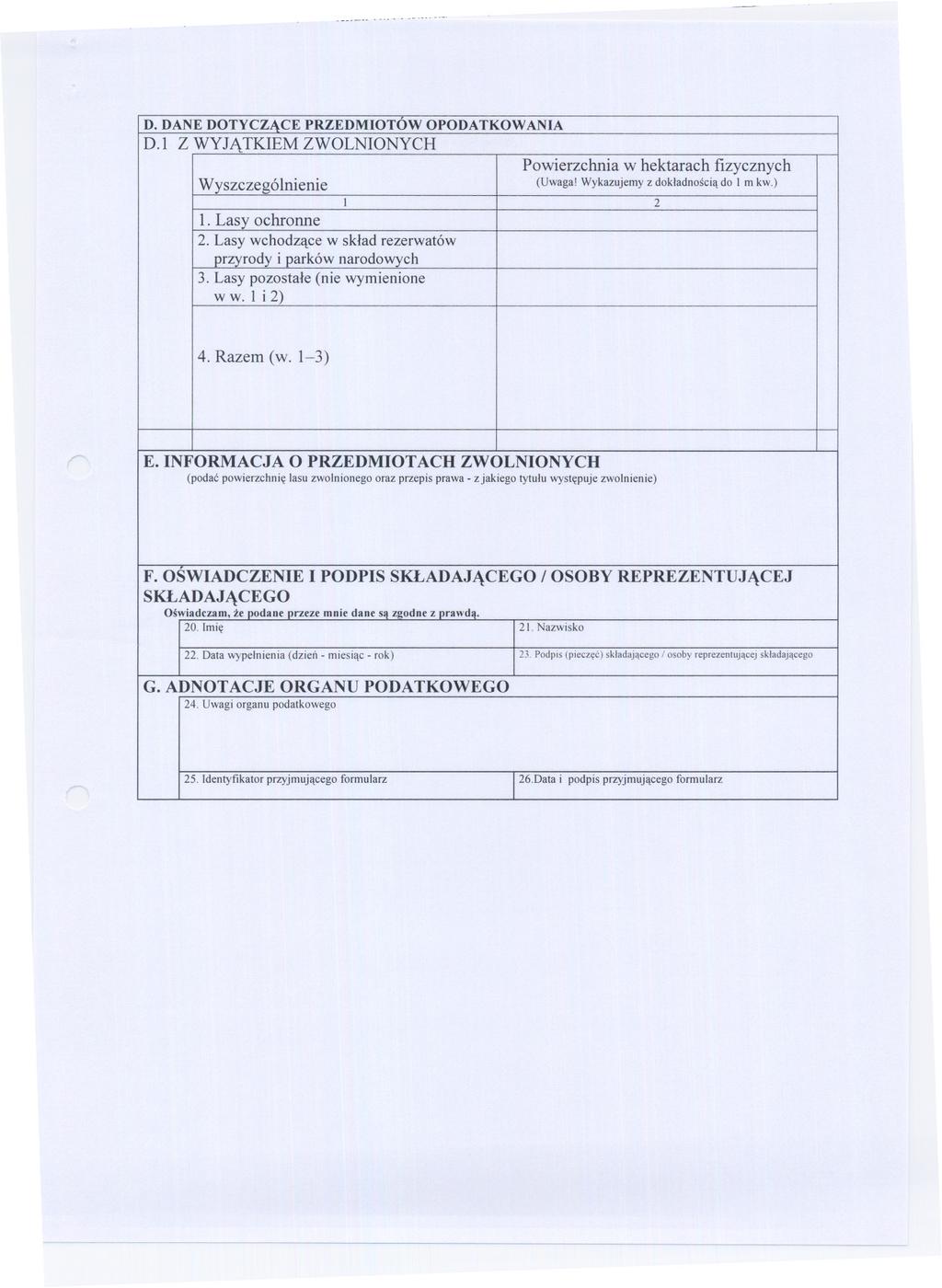 ...~..-. D. DANEDOTYCZACEPRZEDMOTOW OPODATKOWANA D. Z WYJATKEM ZWOLNONYCH Powierzchnia w hektarach fizycznych Wyszczególnienie (Uwaga! Wykazujemy z dokladnoscia do m kw.) 1. Lasy ochronne.