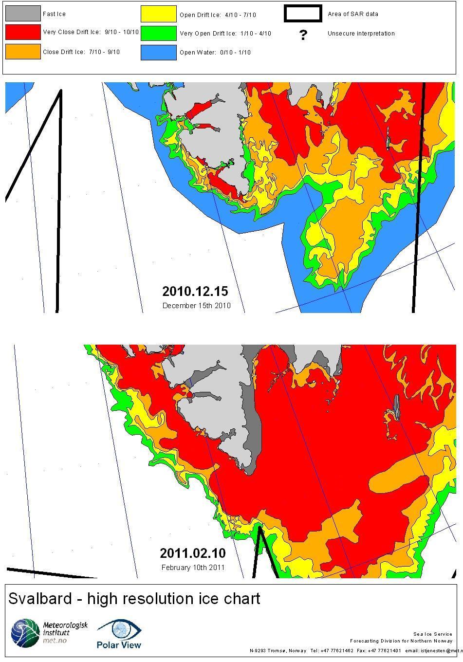 Ryc. 7. Rozmieszczenie lodu w rejonie Svalbardu 15 grudnia 2010 i 10 lutego 2011 r. Fig. 7. Distribution of ice in Svalbard area on 15 December 2010 and 10 February 2011.