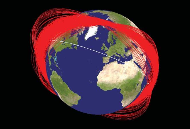 Trasy lotu szczątków jednego chińskiego satelity meteorologicznego FY-1C, jakie powstały podczas próby uzbrojenia antysatelitarnego przeprowadzonej przez Chiny 11 stycznia 2007 r. Fot.