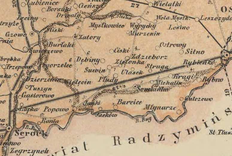Fragment mapy powiatu pułtuskiego z 1907 roku Ówczesne gminy były narzędziem rusyfikacji. W urzędach gmin prowadzono korespondencję po rosyjsku.