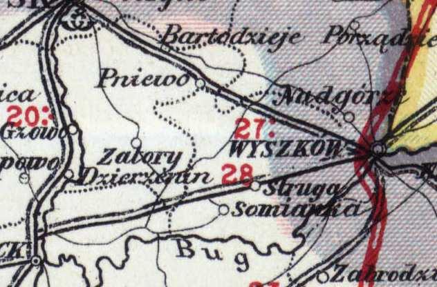 Fragment mapy Królestwa Polskiego z okresu I wojny światowej zaznaczone granice gminy GMINA SOMIANKA W II RZECZPOSPOLITEJ Jesienią 1918 roku wojskowa władza austro -węgierska i niemiecka załamała się.
