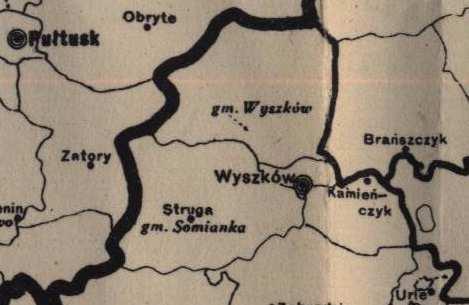 Fragment mapy Generalnej Guberni z 1942 roku. Widoczna granica III Rzeszy i GG. Okupant w dniu 28 listopada 1939 roku wydał zarządzenie o zarządzie gmin polskich dla terenów Generalnej Guberni.