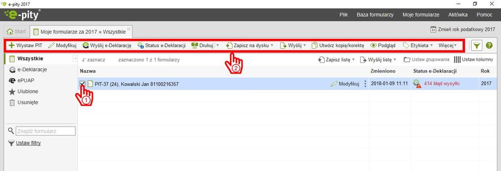 [39/43] Po zaznaczeniu wybranej przez nas deklaracji (krok 1) pojawia nam się pasek narzędzi (krok 2). Wybieramy odpowiednią opcję najeżdżając i klikając na przycisk.