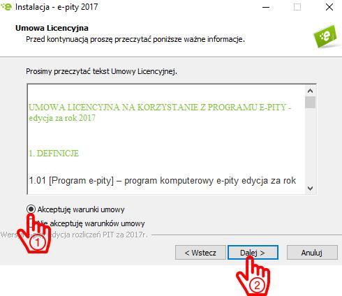 umową licencyjną naciskamy przycisk Akceptuję warunki umowy, a następnie