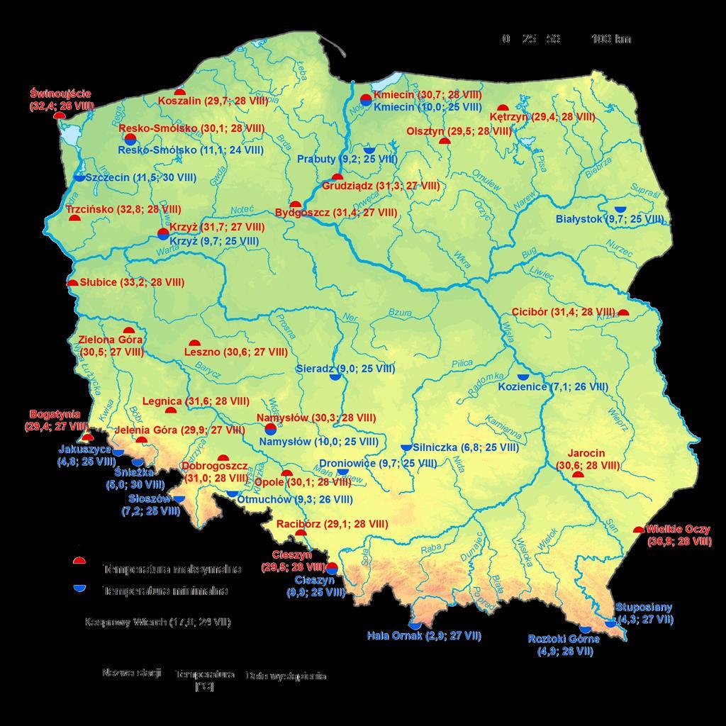 2. Temperatury ekstremalne w regionach Polski