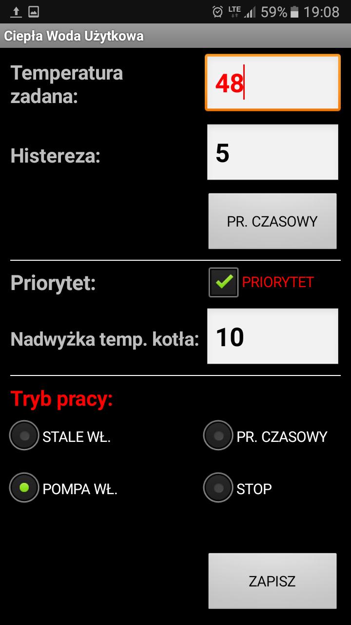 Gdy naciśniemy ZAPISZ zmienione elementy powinny się zapisać w sterowniku w czasie nie dłuższym niż 7 sekund. Gdy zostaną zapisane ich kolor powraca do domyślnego.