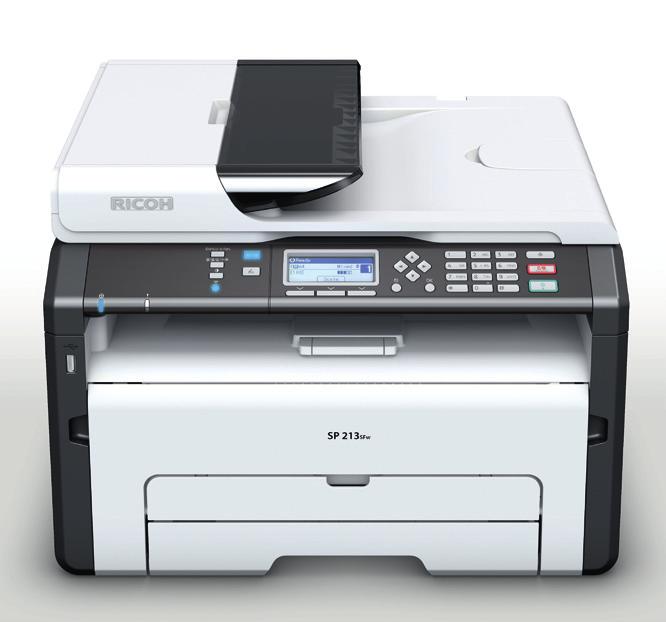/min, format A4 SP 213SFw SP 213SFNw Czarno-białe drukowanie, kopiowanie, skanowanie i faksowanie z poziomu komputera przy użyciu 15-arkuszowego automatycznego podajnika