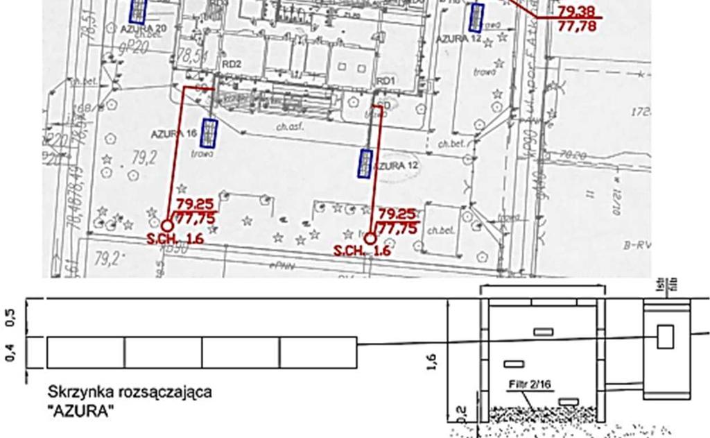 Rozbudowa polega zainstalowaniu dodatkowych betonowych studni chłonnych o średnicy 1,6 m. W dnie tych studni wykonano filtry odwrotne o miąższości 0,2 m ze żwiru płukanego 1/16 mm.