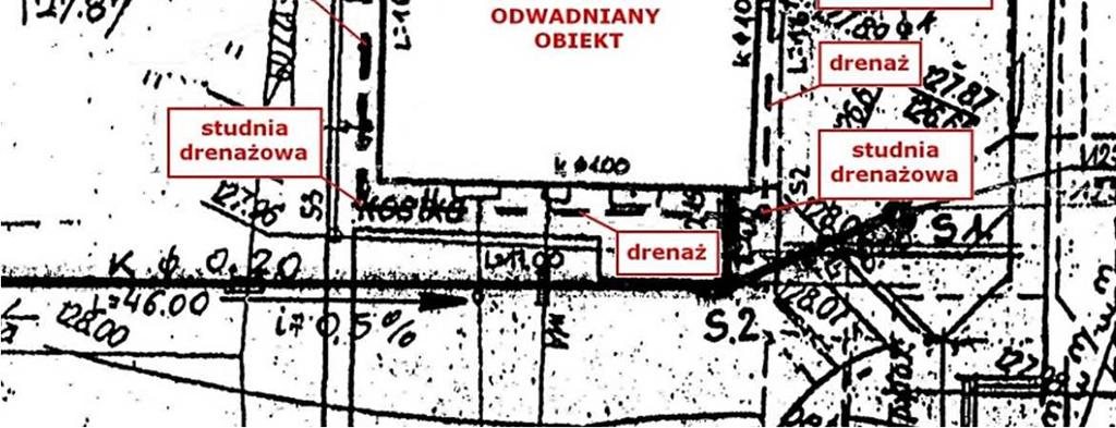 Na podstawie analizy dostępnej dokumentacji stwierdzono, iż w celu obniżenia zbyt wysokiego poziomu wody zaprojektowano drenaż zewnętrzny pierścieniowy nie analizując warunków geotechnicznych,